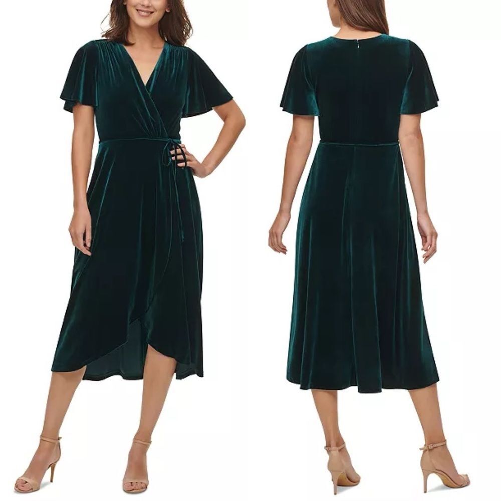 Vince Camuto Luxurious Velvet Faux Wrap Midi Dress Green 12